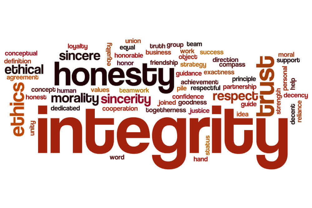 Word cloud featuring integrity, honesty, trust, and ethics emphasizing online shopping security.