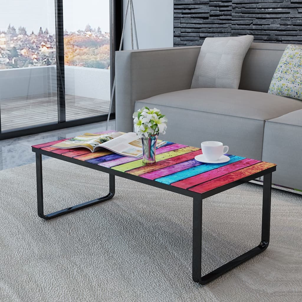 Colorful classic coffee table with a vibrant wooden top in a modern living room, ideal for affordable and stylish decor.