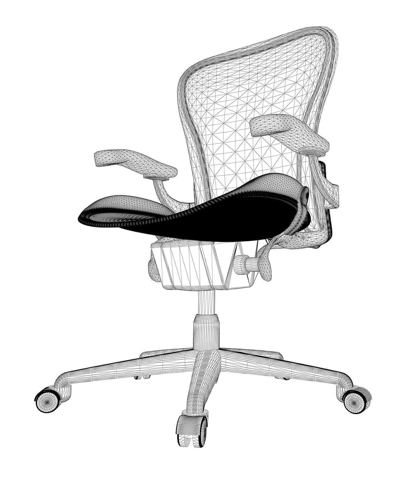 Wireframe design of an ergonomic office chair showcasing its structure and comfort features.