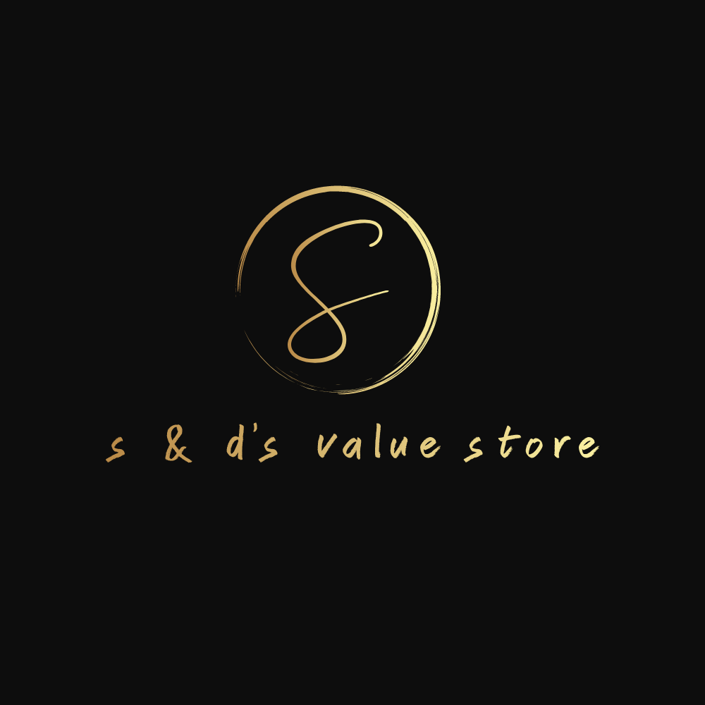 Elegant gold logo for S & D's Value Store on a black background.