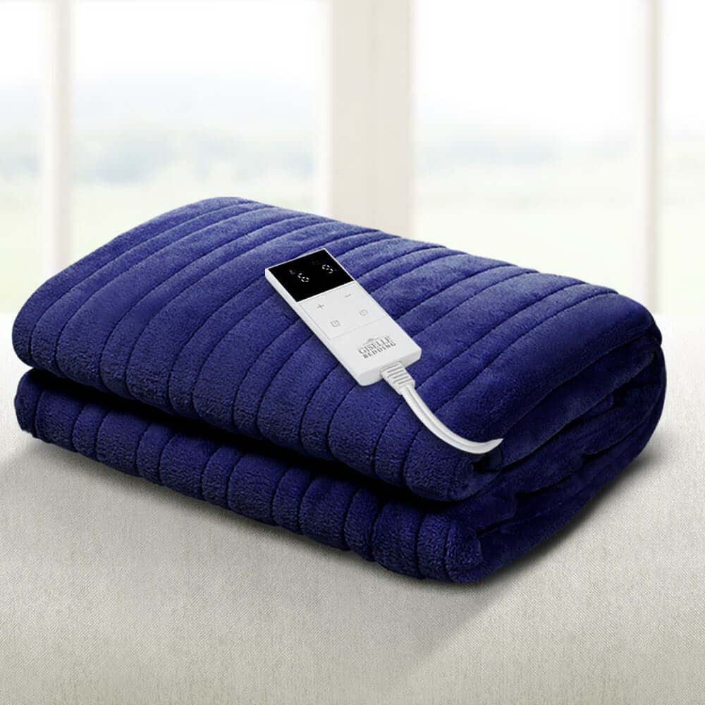 Soft blue heated blanket with adjustable control for budget-friendly warmth and quality comfort from S & D's Value Store.