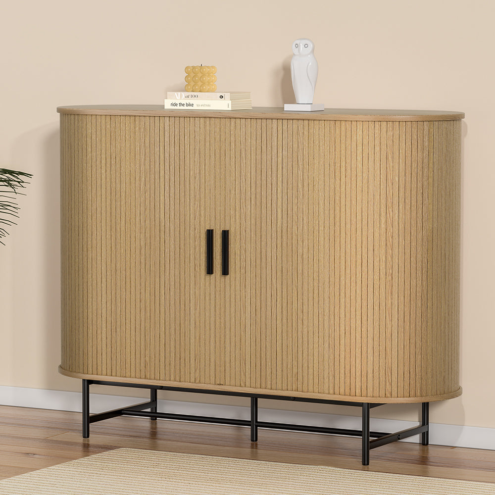 Stylish wooden sideboard with black metal legs offering affordable elegance for dining room storage.