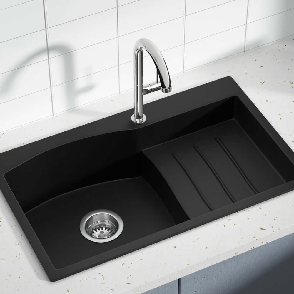 Stylish black kitchen sink with chrome tapware, offering an affordable modern design for a budget-friendly kitchen upgrade.