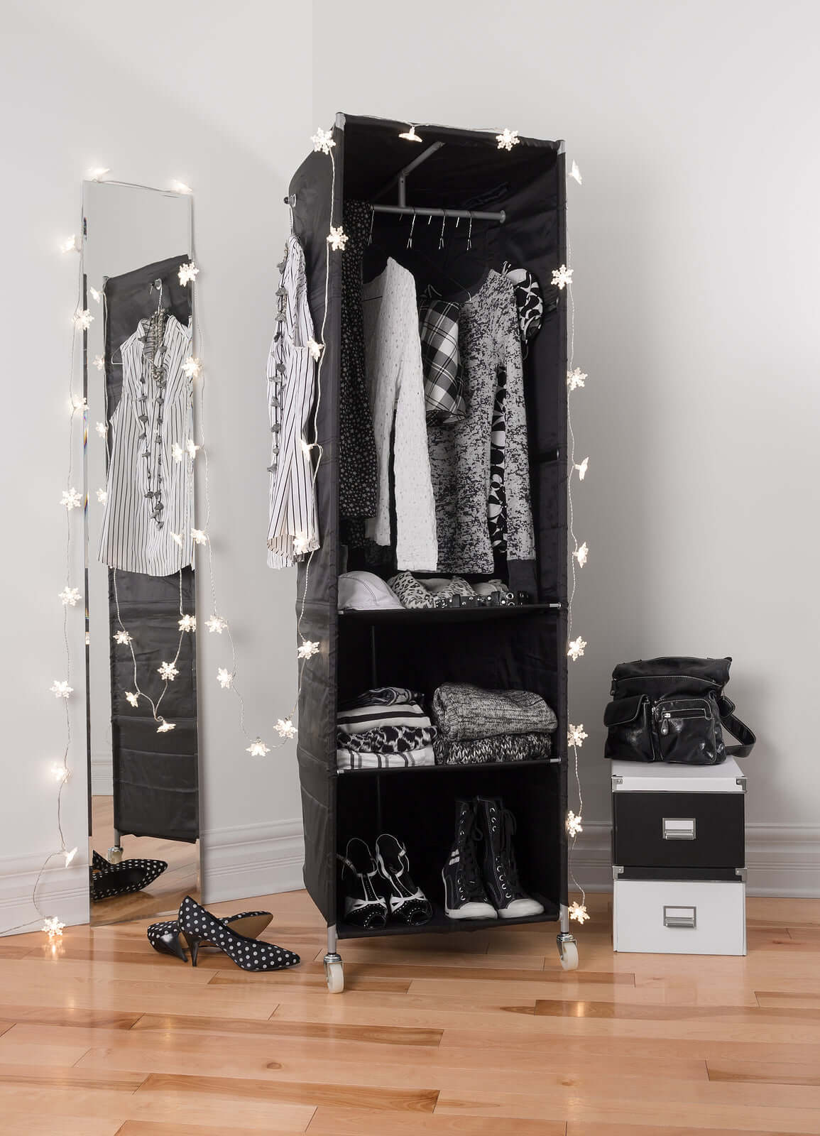 Affordable clothes storage with hanging space and shelves, perfect for budget-friendly home organization.