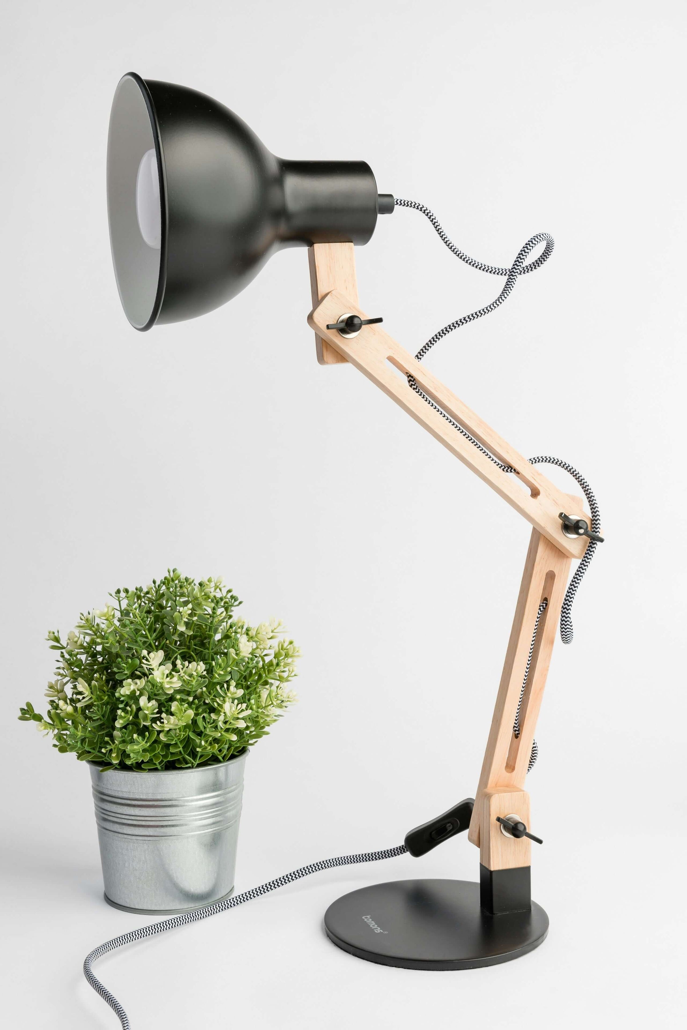 Stylish adjustable desk lamp with wooden arm next to a potted plant, perfect for adding elegance to your space on a budget.