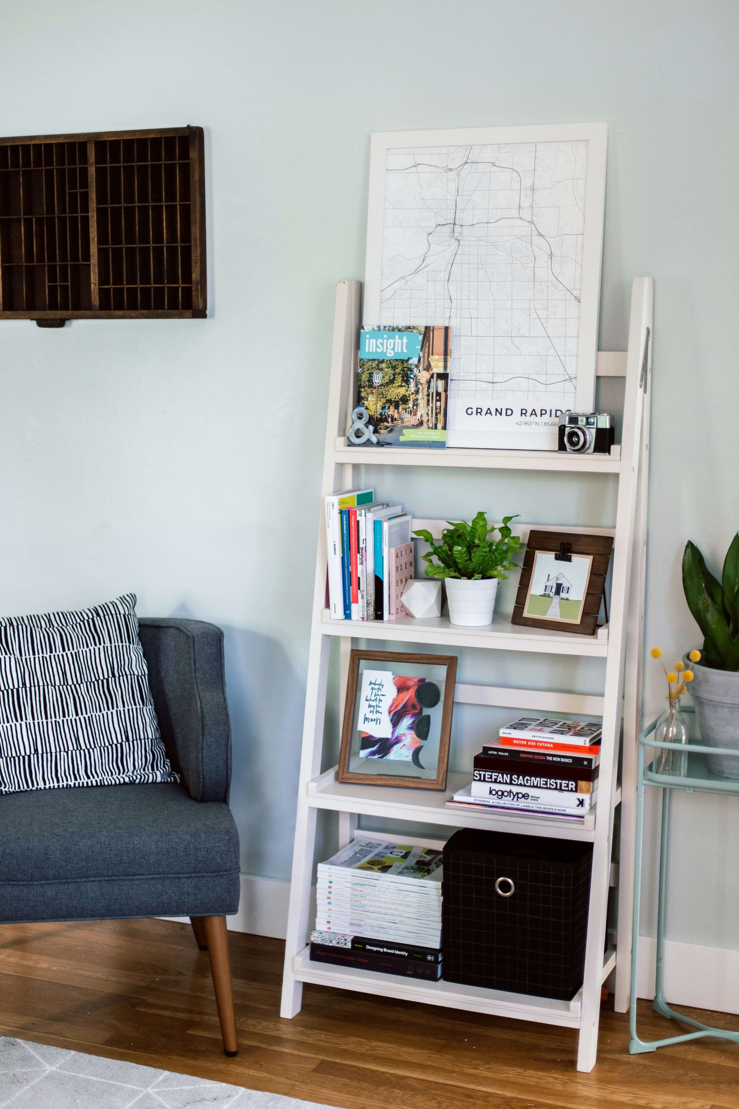 Stylish budget-friendly bookshelf displaying plants and books in a cozy living room setting.