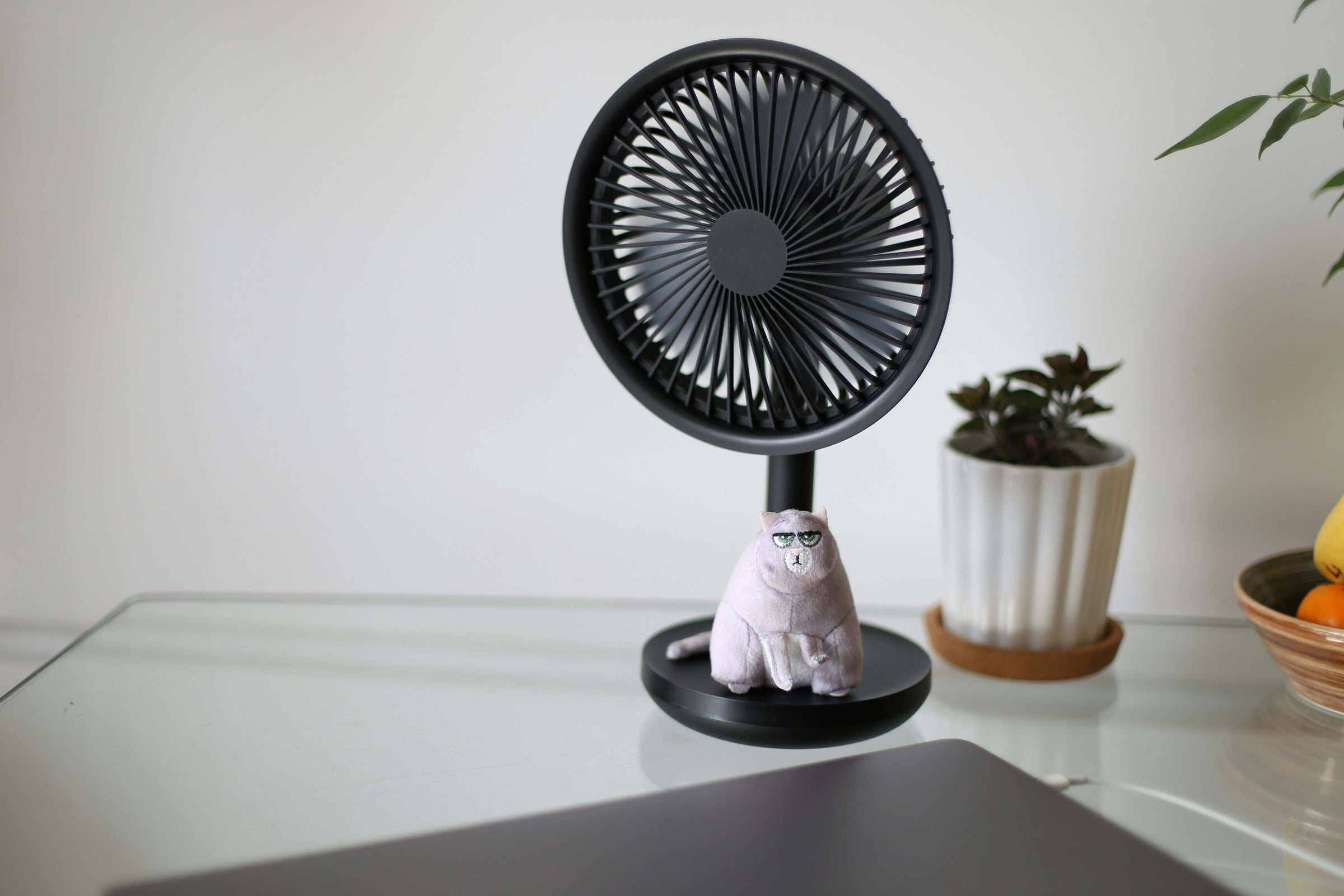 Stylish black desk fan with a small plush toy, offering affordable cooling solutions on a budget in a modern home office setting.