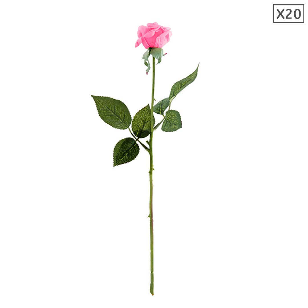 Artificial pink rose stem with green leaves - pack of 20.