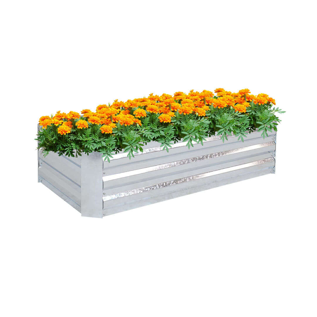 Rectangular metal planter filled with vibrant orange and yellow marigolds, perfect for affordable homewares and quality value furniture decor.