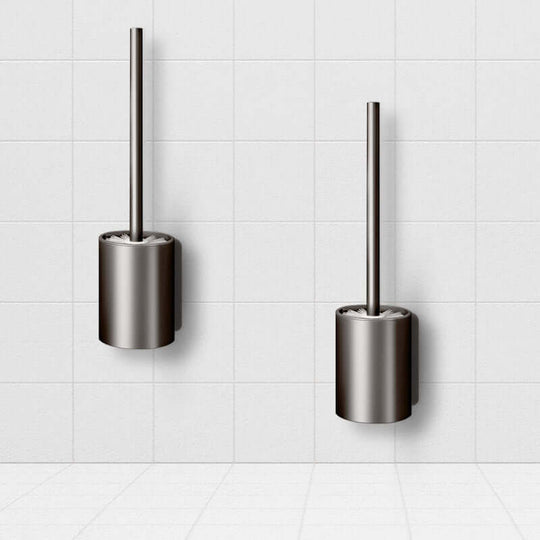 Wall-mounted stainless steel toilet brush holders on white tiled wall, showcasing quality and affordable homewares for value furniture.