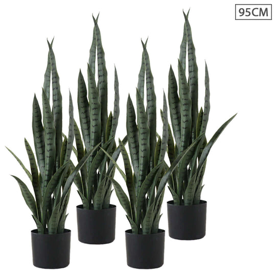 Four 95cm tall artificial snake plants in black pots, perfect for adding affordable and quality homewares to your interior décor.