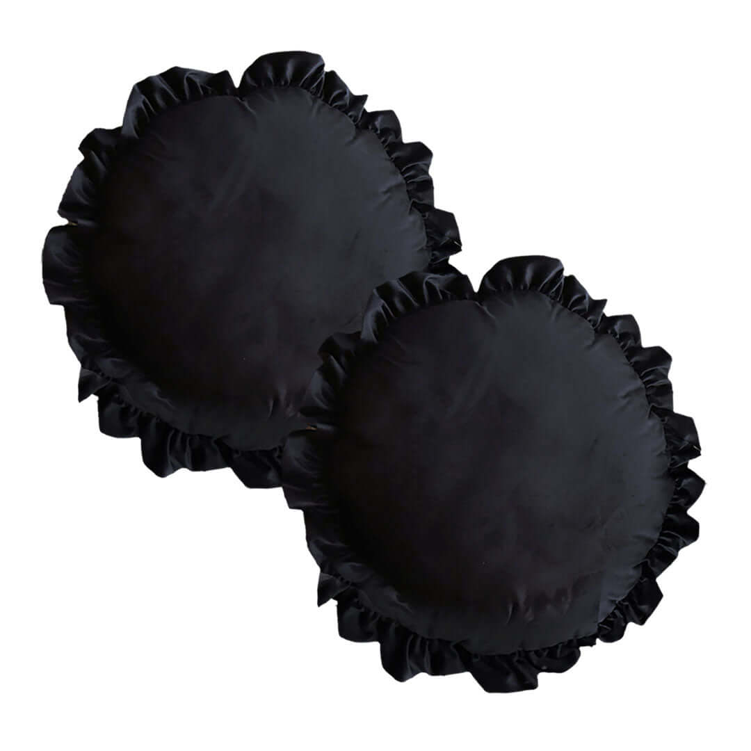 Affordable quality homewares: Black ruffled round pillows — value furniture and stylish home decor.