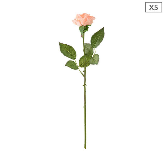 Single pink artificial rose with green leaves - pack of 5