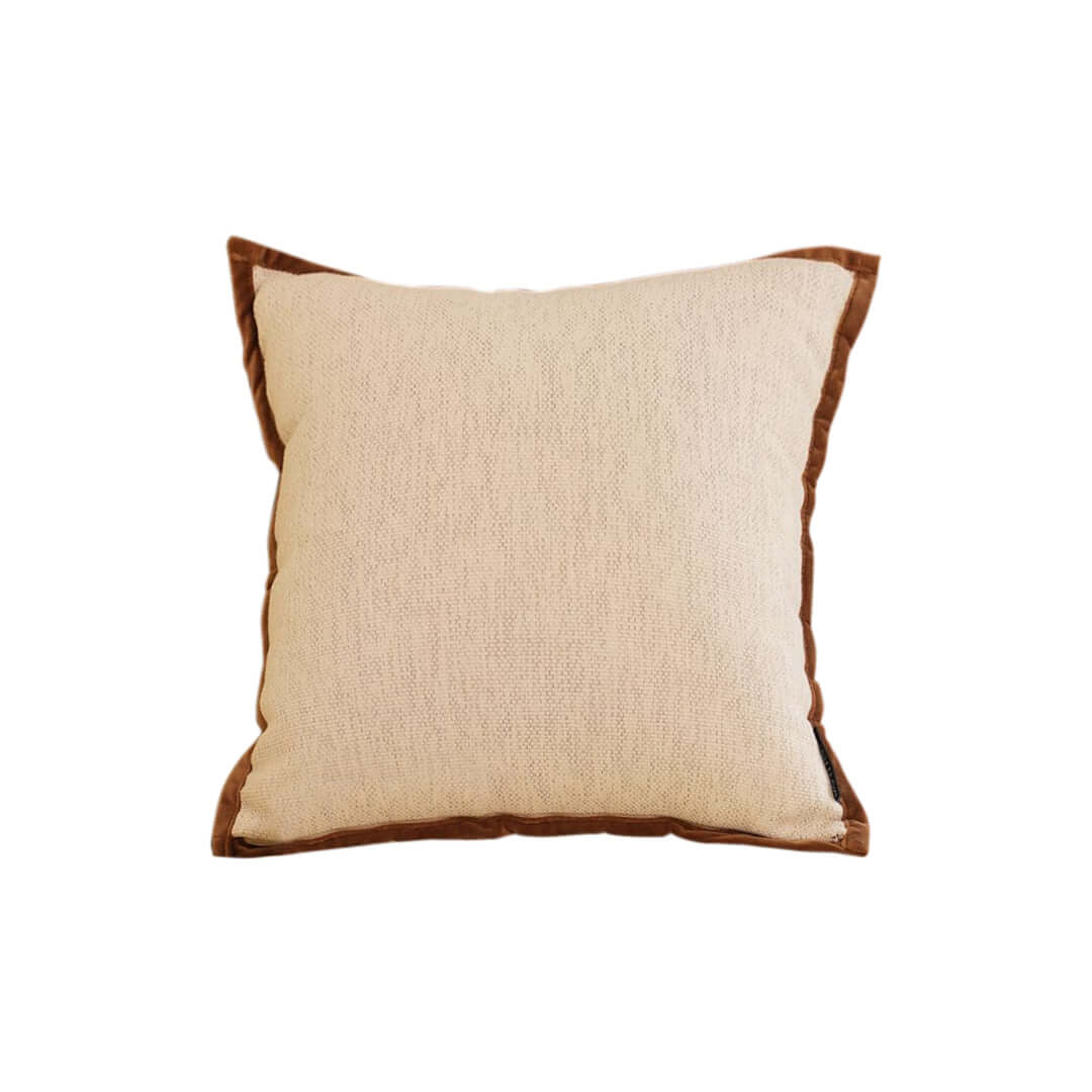 Affordable quality homeware cushion with a soft beige fabric and brown trim, perfect for adding value to your furniture and home décor.