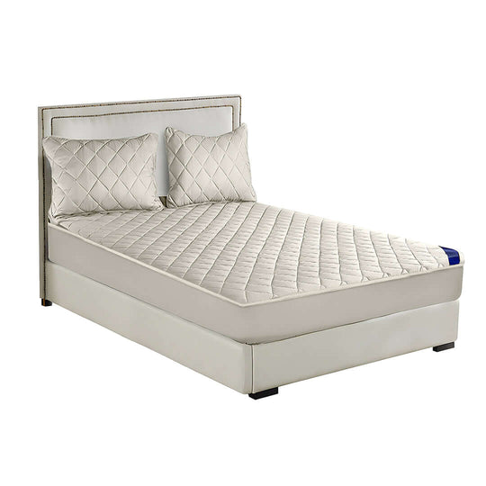 Affordable quality homewares: value furniture bed with upholstered headboard, quilted mattress, and pillows in a modern design.