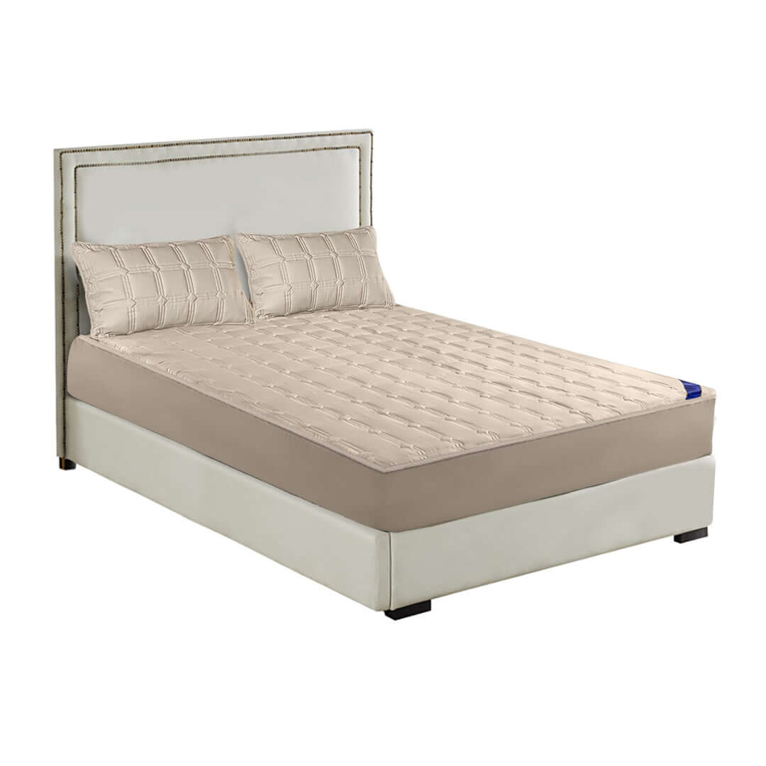 Affordable quality homewares - beige modern upholstered bed frame with quilted mattress offering great value furniture for stylish bedrooms