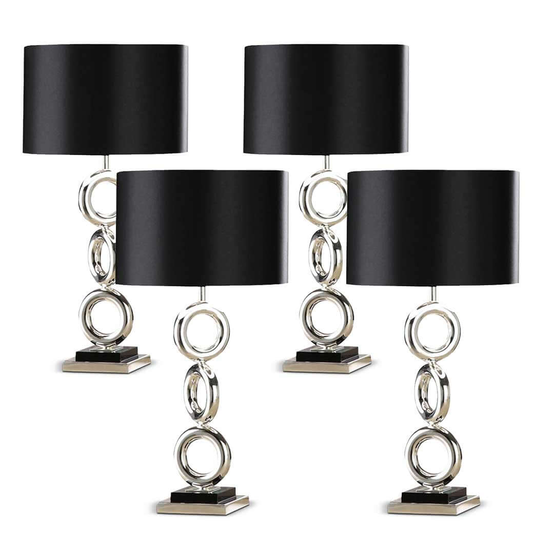 Set of four modern silver table lamps with black shades, affordable homewares, quality value furniture.