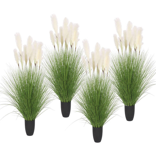 Affordable quality homewares - set of four artificial grass plants in black pots, perfect for adding value furniture decor.