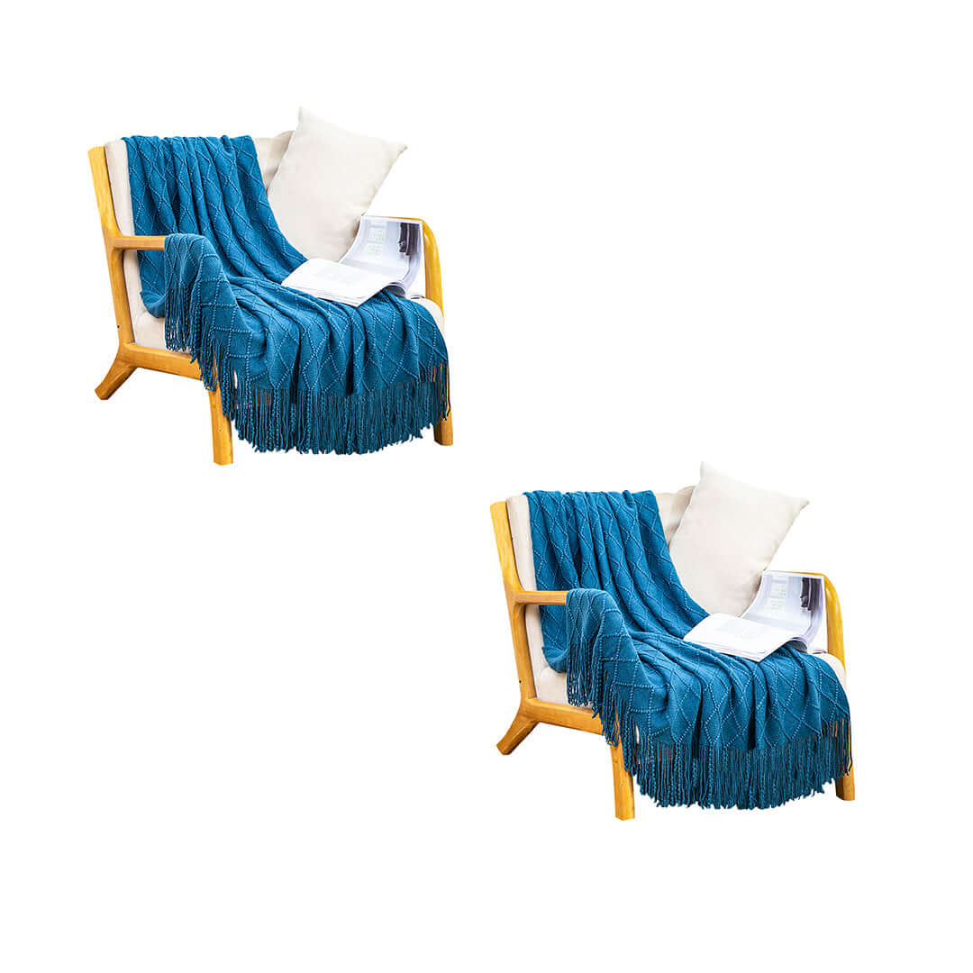 Affordable quality homewares - Pair of wooden chairs with blue throws, white cushions, and magazines