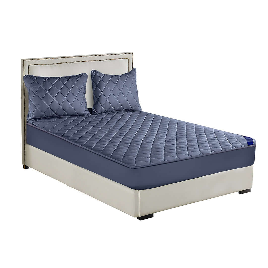 Affordable quality value furniture - elegant blue mattress pad and pillows on a modern white bed frame for stylish homewares