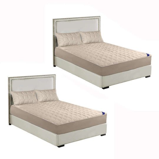 Affordable quality value furniture - twin beige bed with padded headboard and mattress.