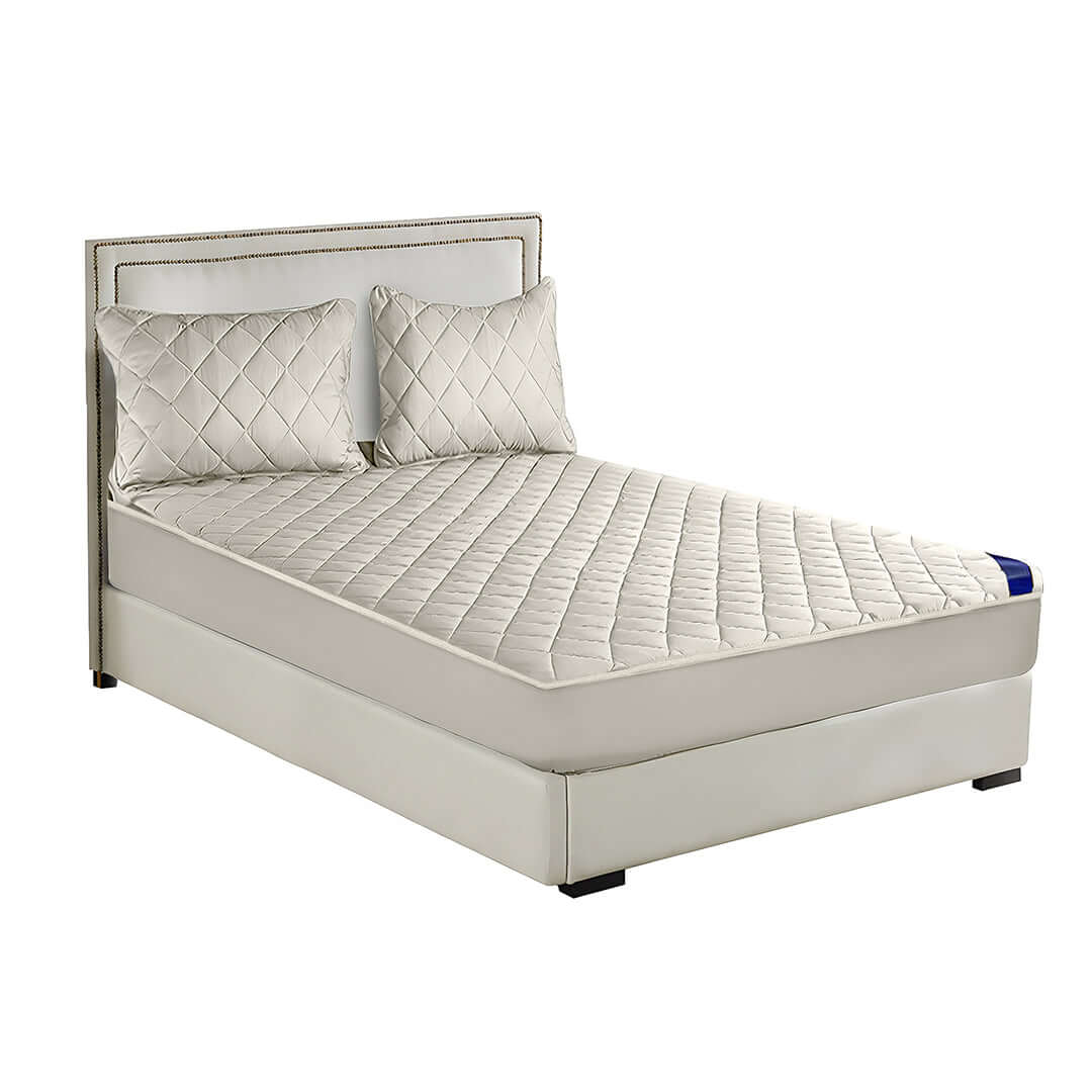 Affordable quality homewares value furniture—comfortable and stylish beige bed with quilted bedding and two pillows.