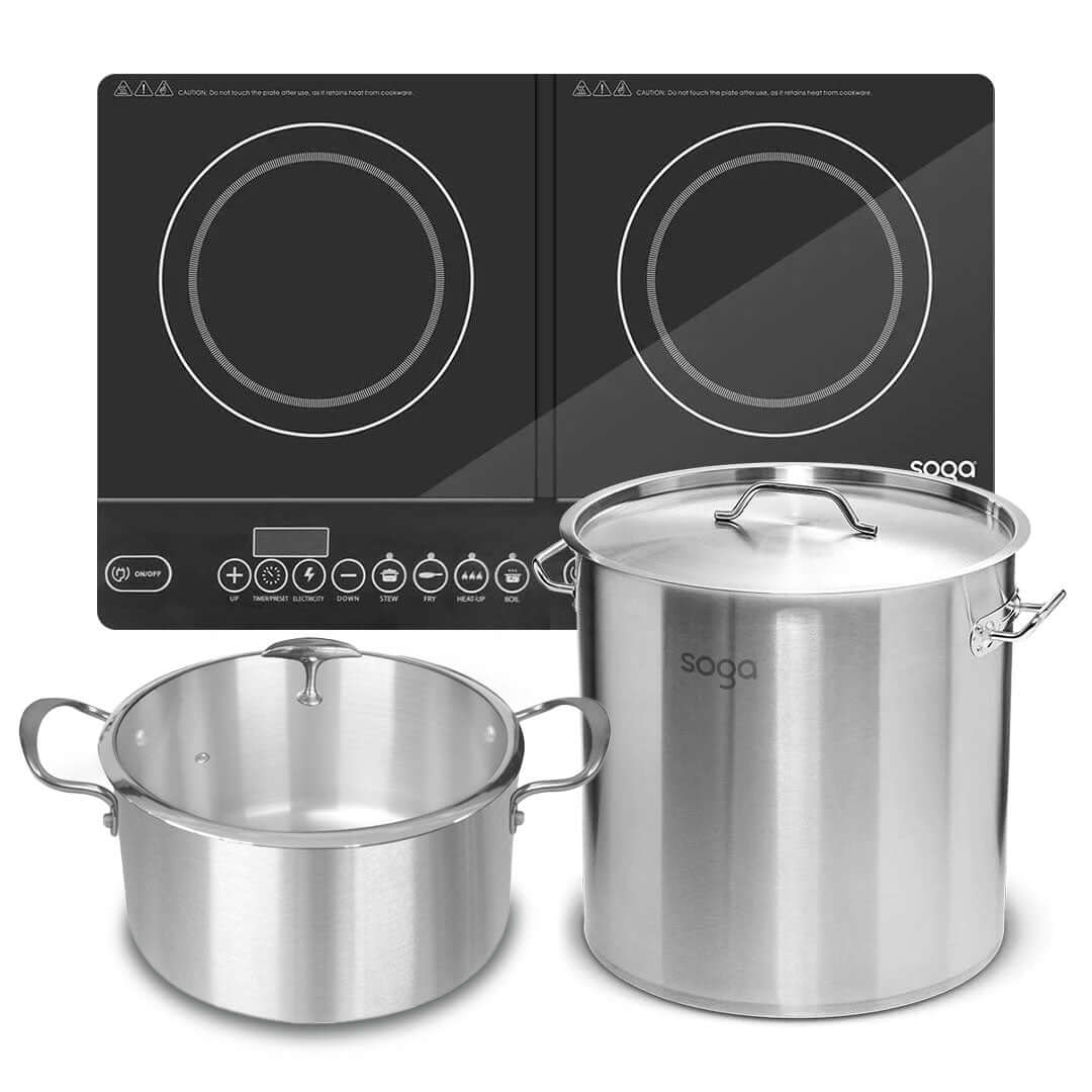 Affordable quality homewares featuring a durable stainless steel cooking pot set and an electric induction stove for value furniture.