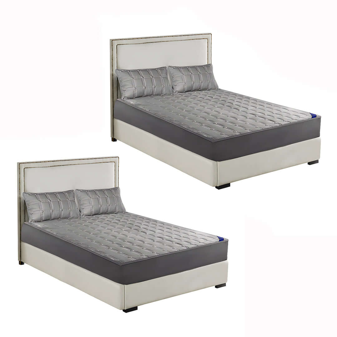 Affordable quality homewares value furniture grey upholstered bed with headboard and matching pillows.