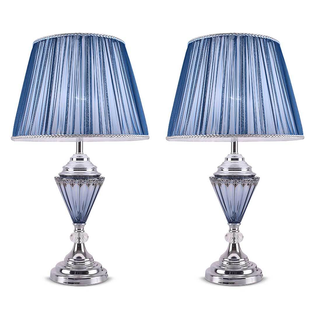 Affordable quality homewares - set of two blue table lamps with silver bases, value furniture for stylish interiors.