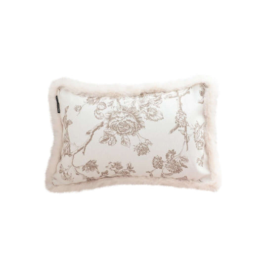 Floral-patterned decorative pillow with fur trimming, affordable quality homeware and value furniture.