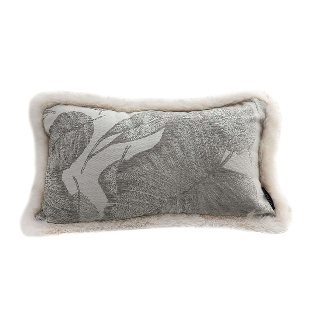 Affordable quality homeware - decorative pillow with grey leaf design and fur trim, offering excellent value furniture styling.