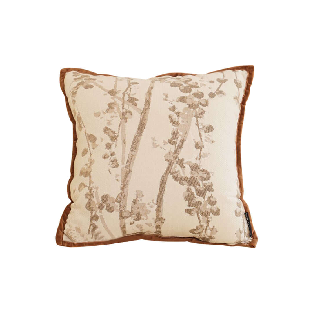 Affordable quality homewares - value furniture beige throw pillow with floral design and brown trim.