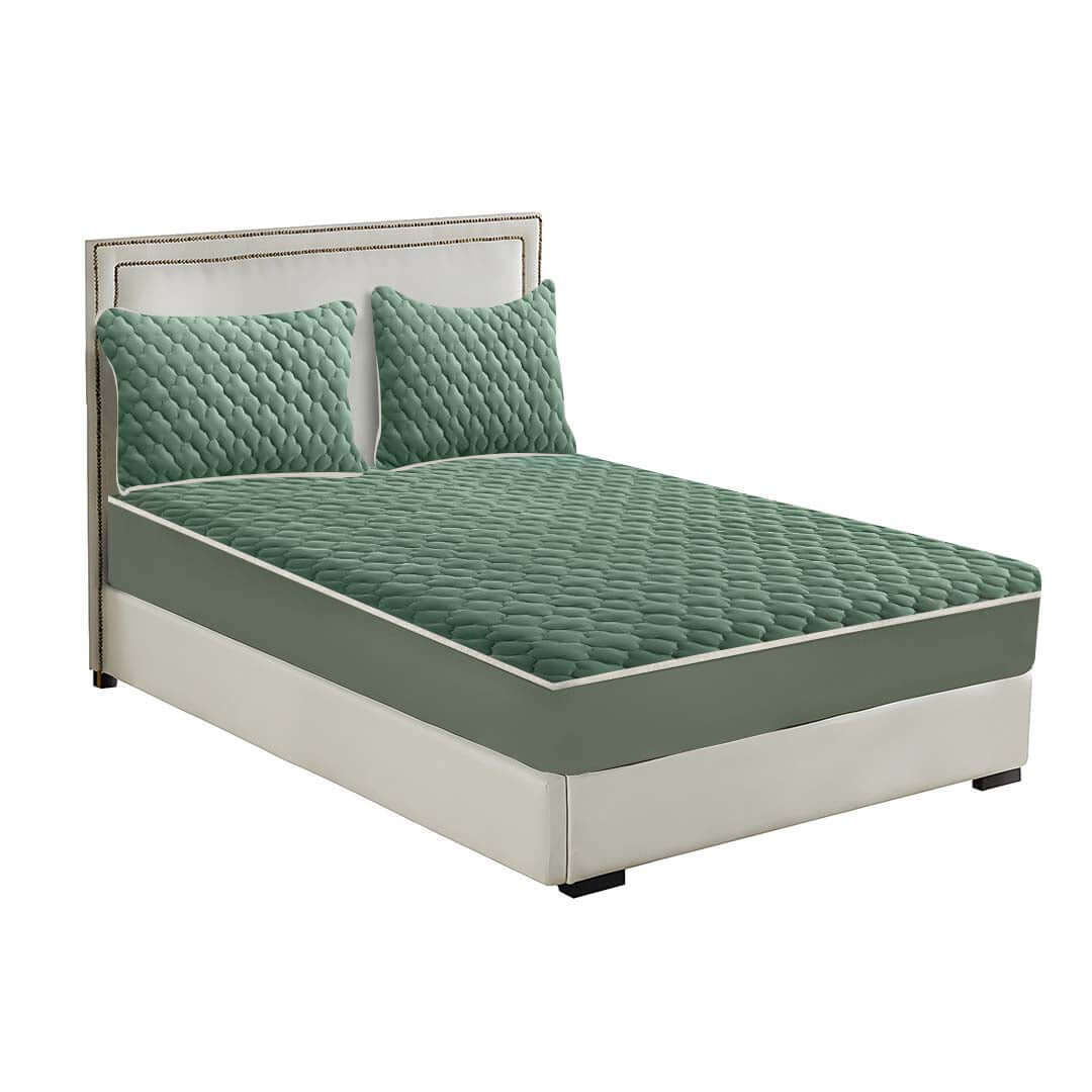 Affordable quality value furniture, green quilted mattress and pillows on modern bed frame, homewares