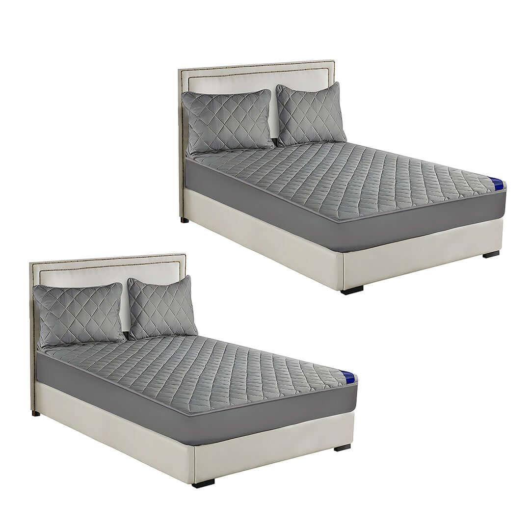 Two affordable quality value grey quilted beds with headboards. Perfect homeware for comfortable and stylish sleep.