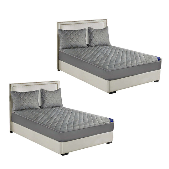 Two affordable quality value grey quilted beds with headboards. Perfect homeware for comfortable and stylish sleep.