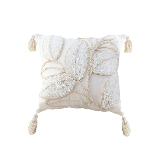 Affordable quality homewares - elegant white decorative cushion with tassels and leaf embroidery. Value furniture item for stylish living.