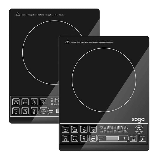 Dual black Soga induction cooktops with control panels, offering affordable, quality homewares and value furniture for modern kitchens.