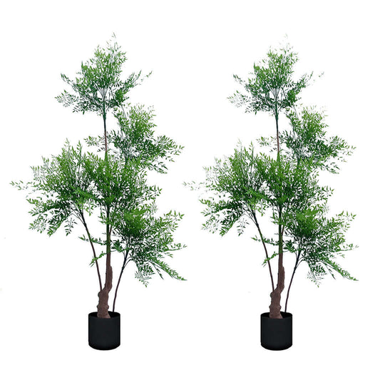 Two potted artificial trees as affordable homewares, offering quality and value furniture decor for enhancing interior spaces.