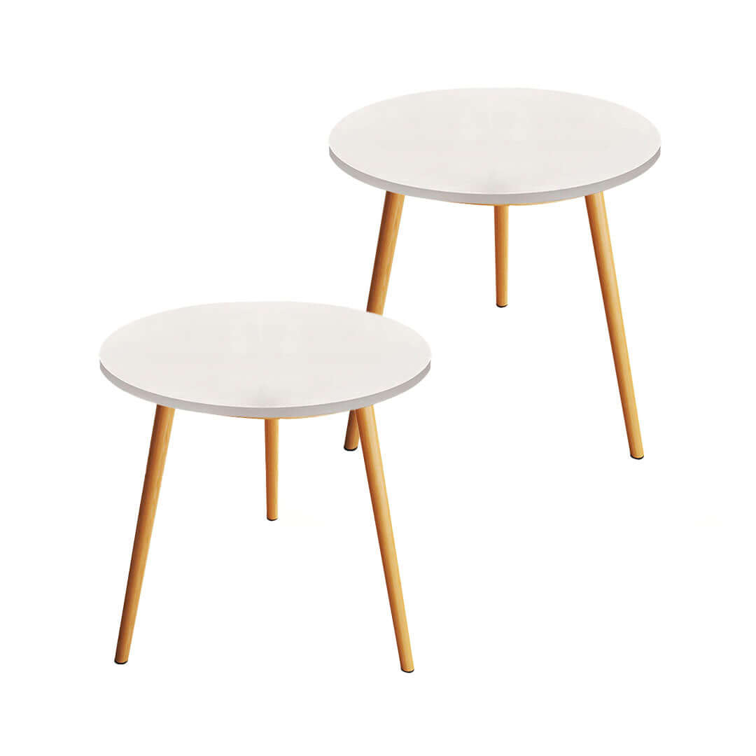 Affordable quality value furniture - Set of two round white tables with wooden legs for home and garden decor.