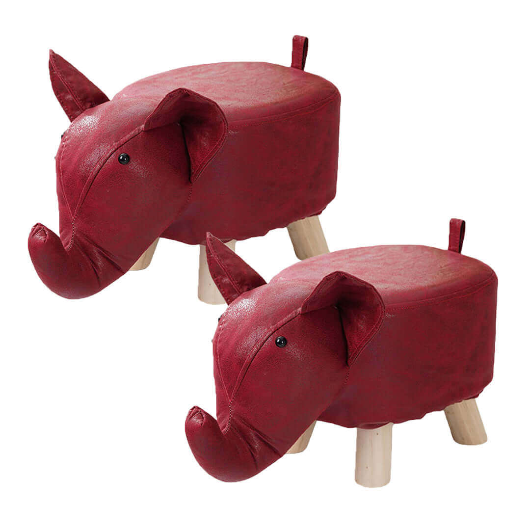 Affordable quality value furniture, red elephant-shaped homewares stools with wooden legs.