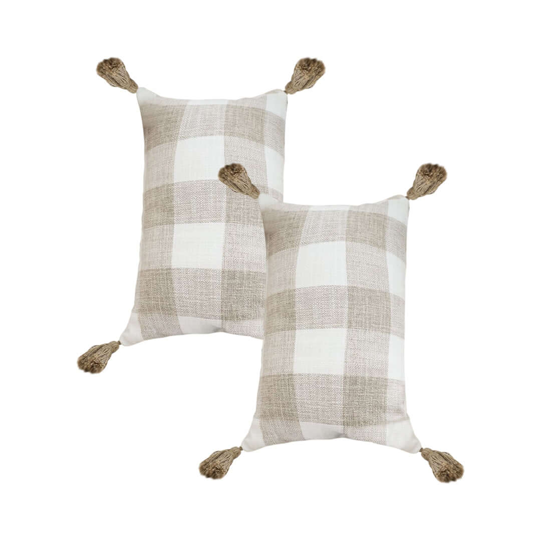 Affordable quality homewares - checkered tassel pillows, value furniture accessories