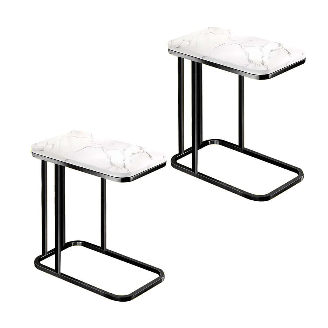 Affordable quality homewares - two modern white marble side tables with black metal frames, perfect value furniture for any living space.