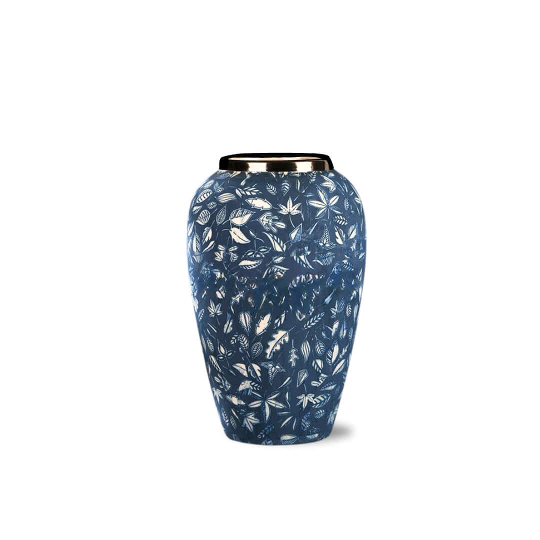 Blue ceramic vase with white floral patterns, offering affordable quality homewares and value furniture decor addition.