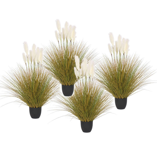 Affordable quality homewares - set of four artificial white pampas grass arrangements in black pots, perfect value furniture decor.