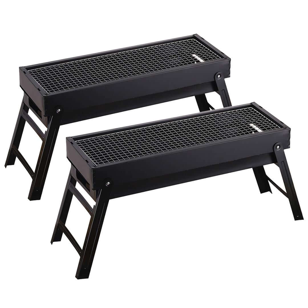 Two black folding metal grills for outdoor cooking, showcasing affordable and quality homewares and value furniture essentials.