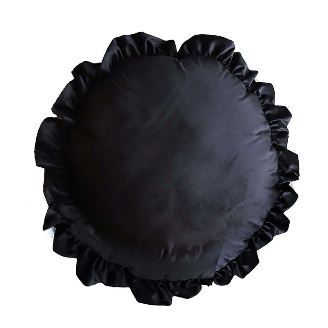 Affordable homewares - Black ruffled round pillow, quality design, value furniture accessory for stylish and comfortable living spaces.