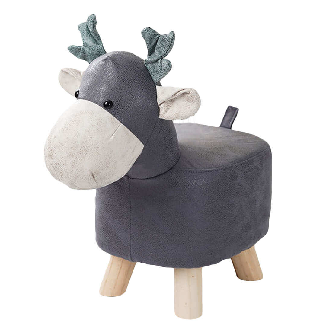 Affordable quality value furniture - grey reindeer-shaped kids' stool with wooden legs and soft upholstery.