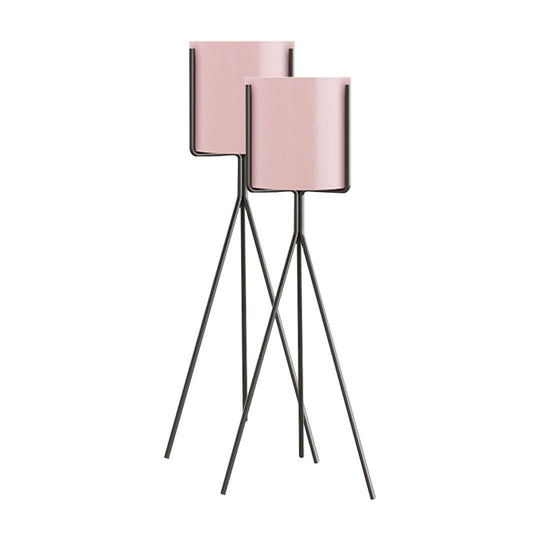 Affordable quality homewares - Pair of modern pink planters with black tripod stands offering value furniture decor.