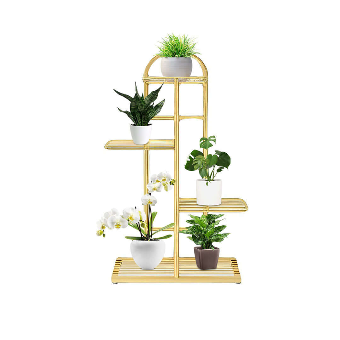 Gold plant stand with multiple shelves holding various potted plants. Affordable homewares and quality value furniture for stylish decor.