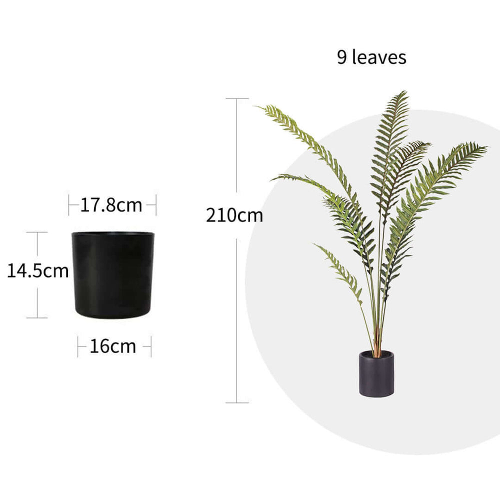 Artificial plant with 9 leaves in a black pot, dimensions 210cm height, pot size 17.8cm diameter, 14.5cm height, and 16cm width